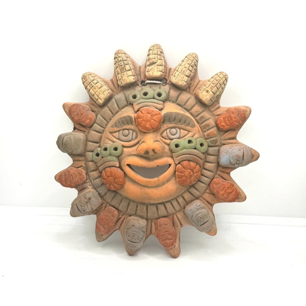 Vintage Mexican Pottery Mayan Terracotta Sun Face Wall Art With Colorful Details